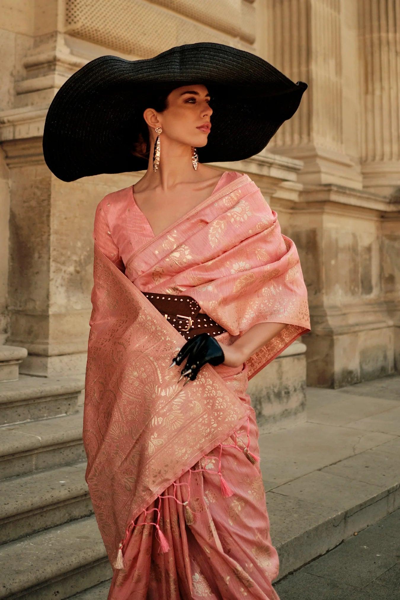Peach Colour Gota Zari Handwoven Banarasi Silk Saree