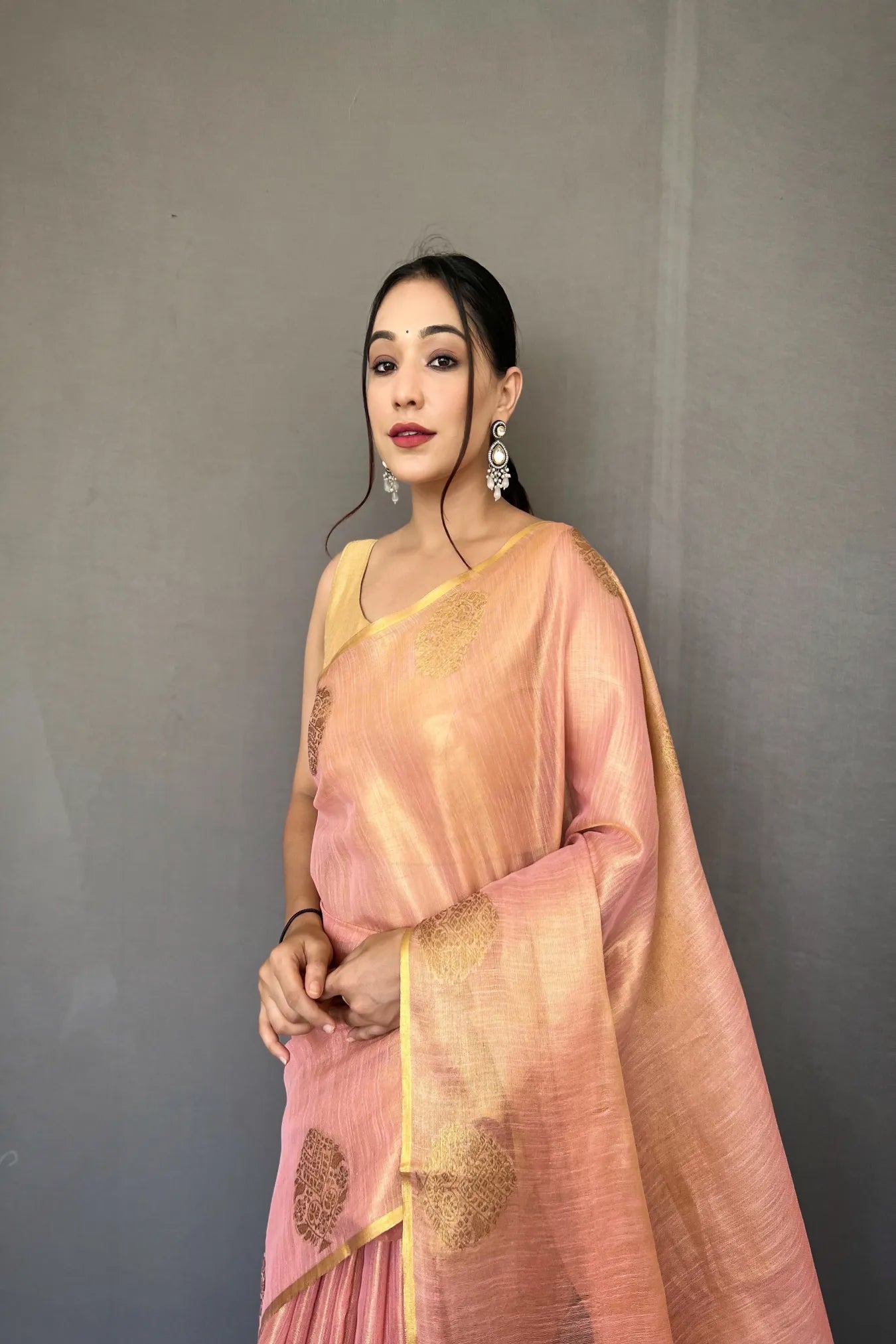 Peach Colour Zari Woven Handloom Tissue Silk Saree