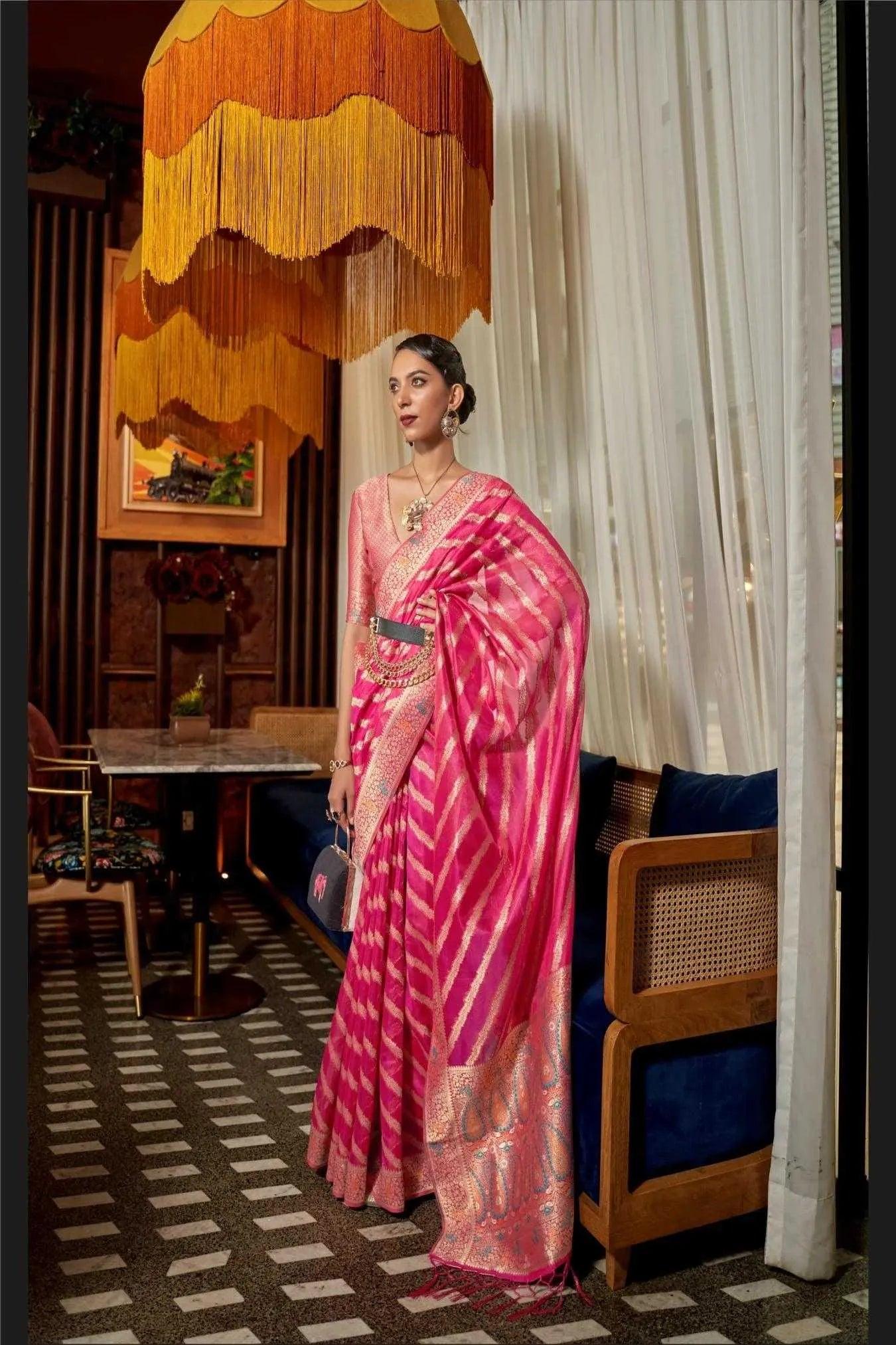 Pink Colour Zari Woven Organza Silk Saree