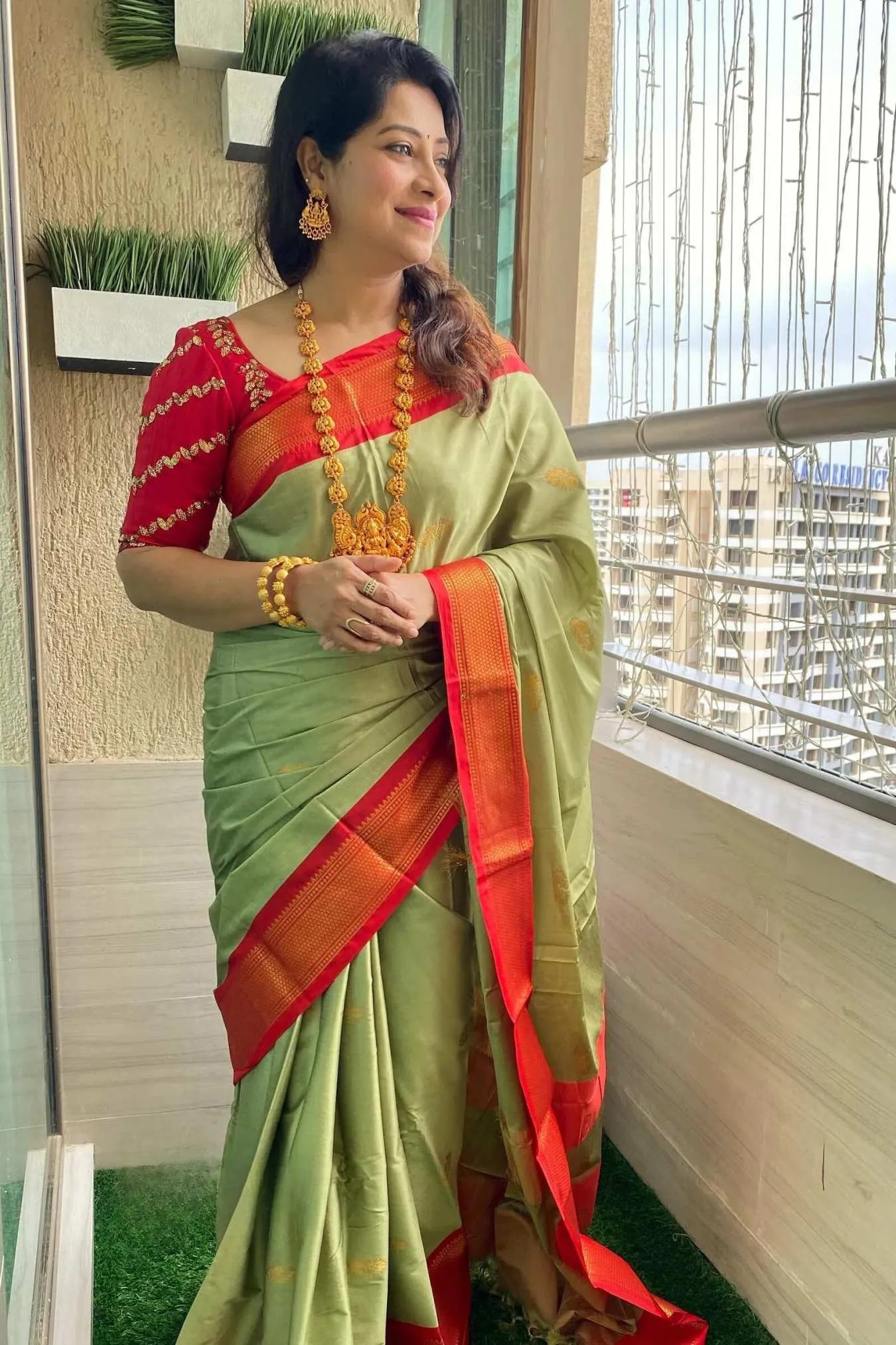 Pista Green Colour Kanjivaram Silk Saree with Red Contrast Border