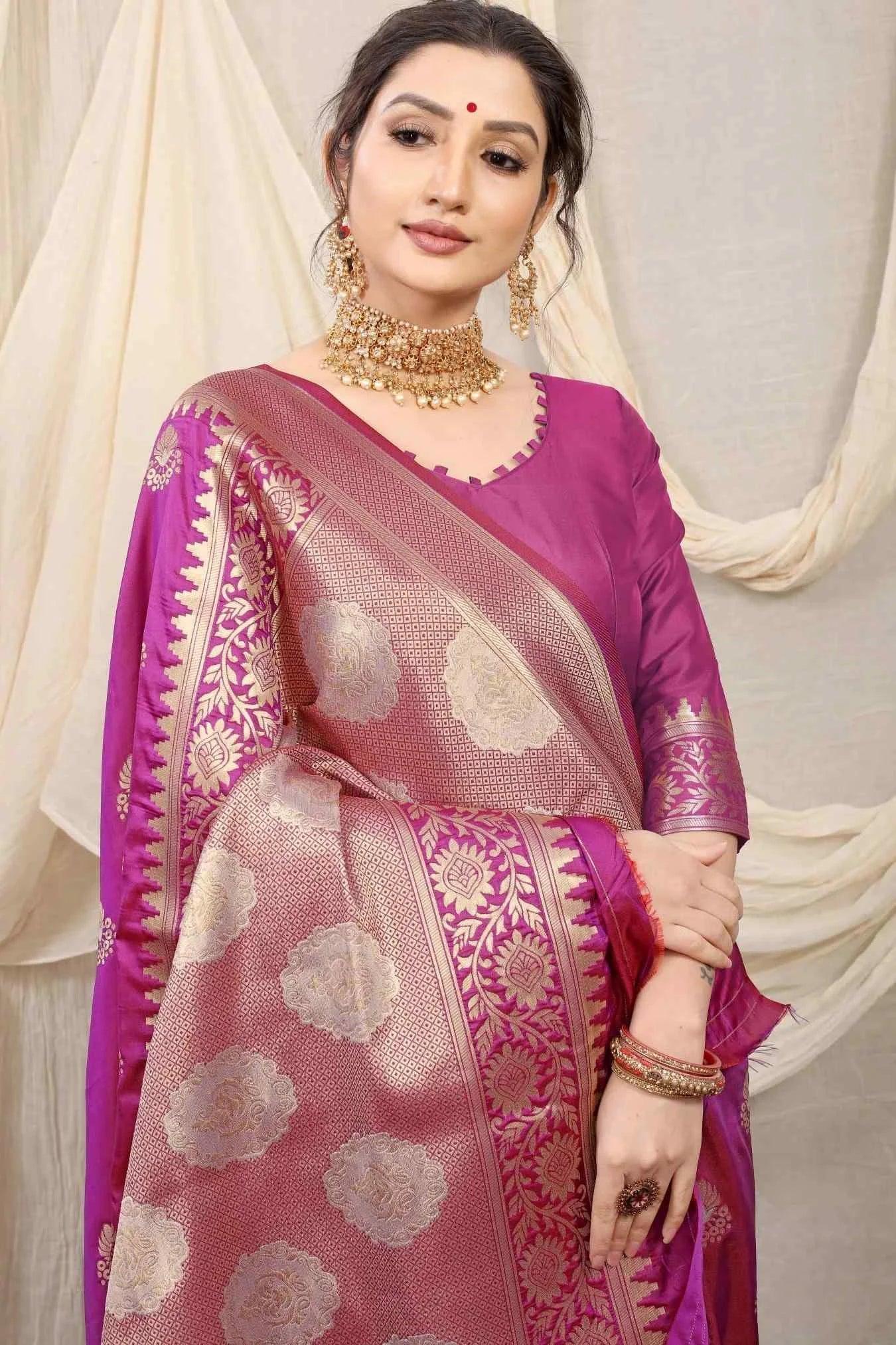 Purple Colour Zari Woven Design Banarasi Silk Saree