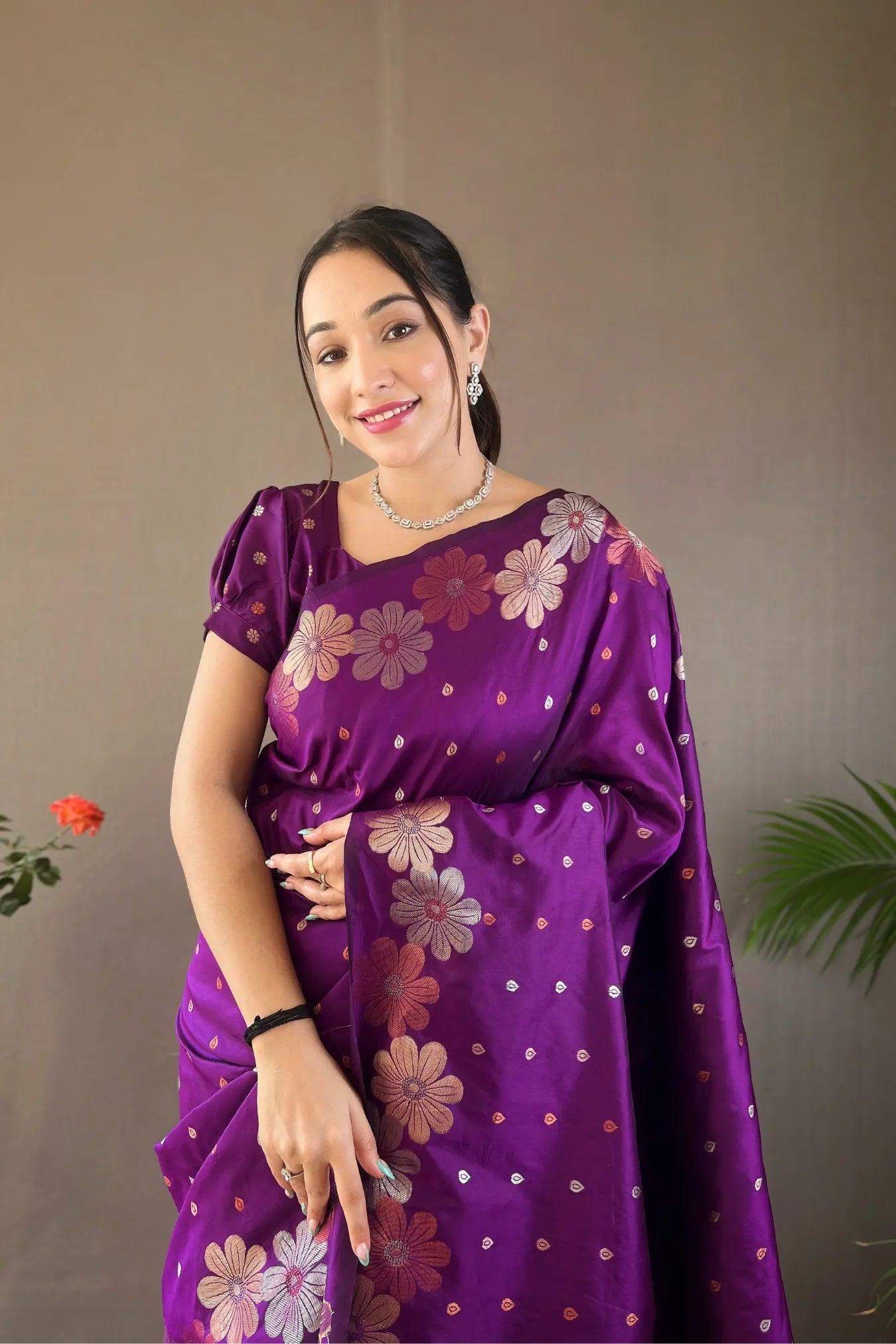 Purple Colour Floral Weaving Banarasi Silk Saree