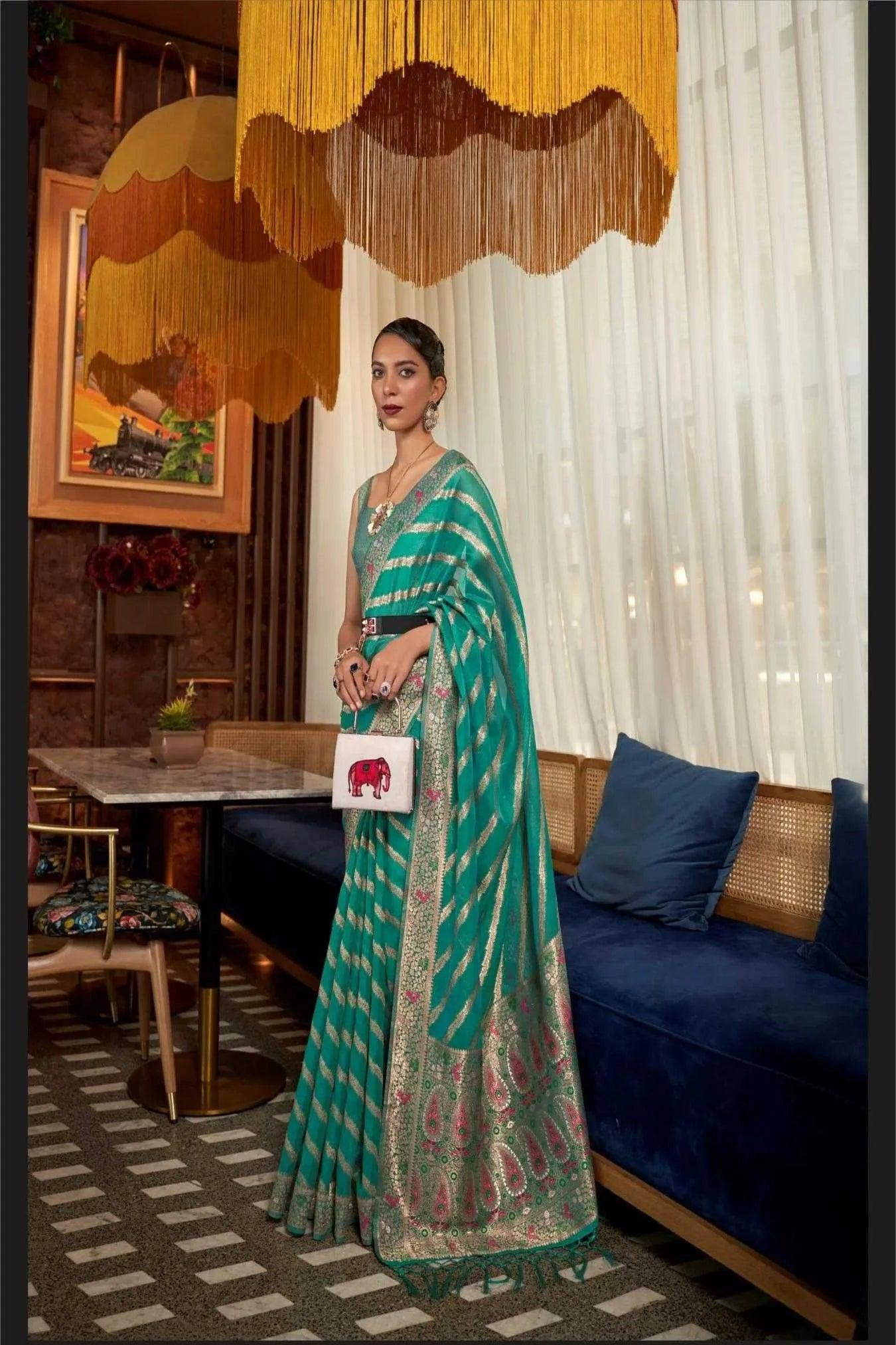 Rama Green Colour Zari Woven Organza Silk Saree 