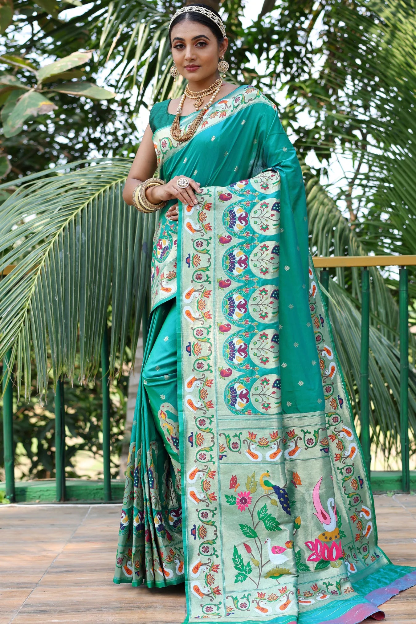 Rama Green Colour Elegant Rich Pallu Paithani Silk Saree