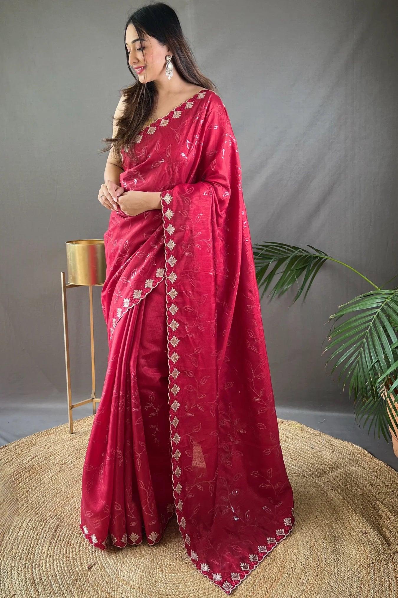 Red Colour Embroidery Design Handloom Silk Saree