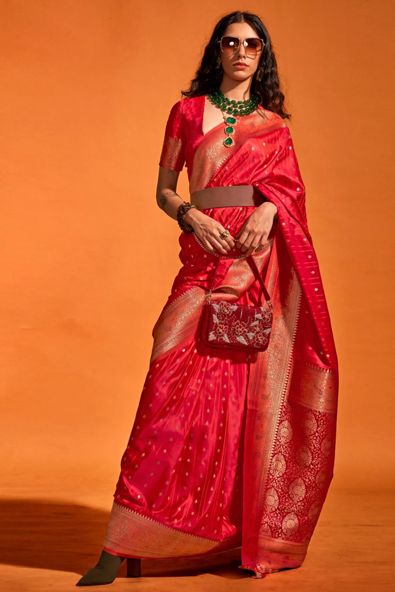 Red Colour Floral Weaving Design Satin Silk Saree
