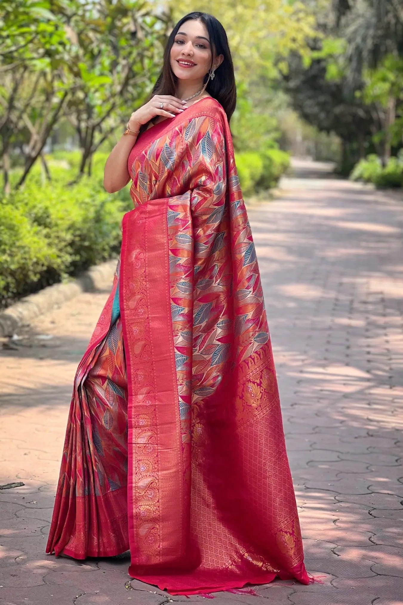 Red Colour Leaf Floral Designer Kanjivaram Silk Saree
