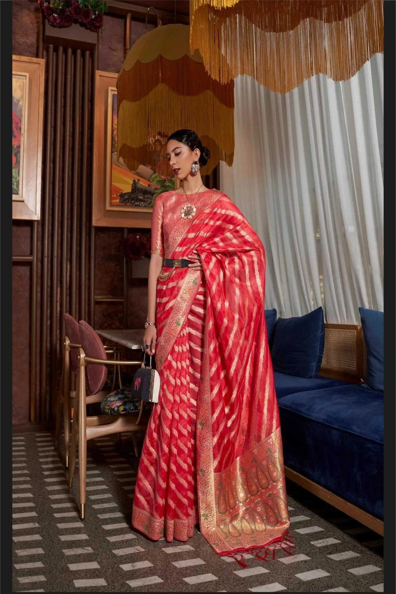 Red Colour Zari Woven Organza Silk Saree 