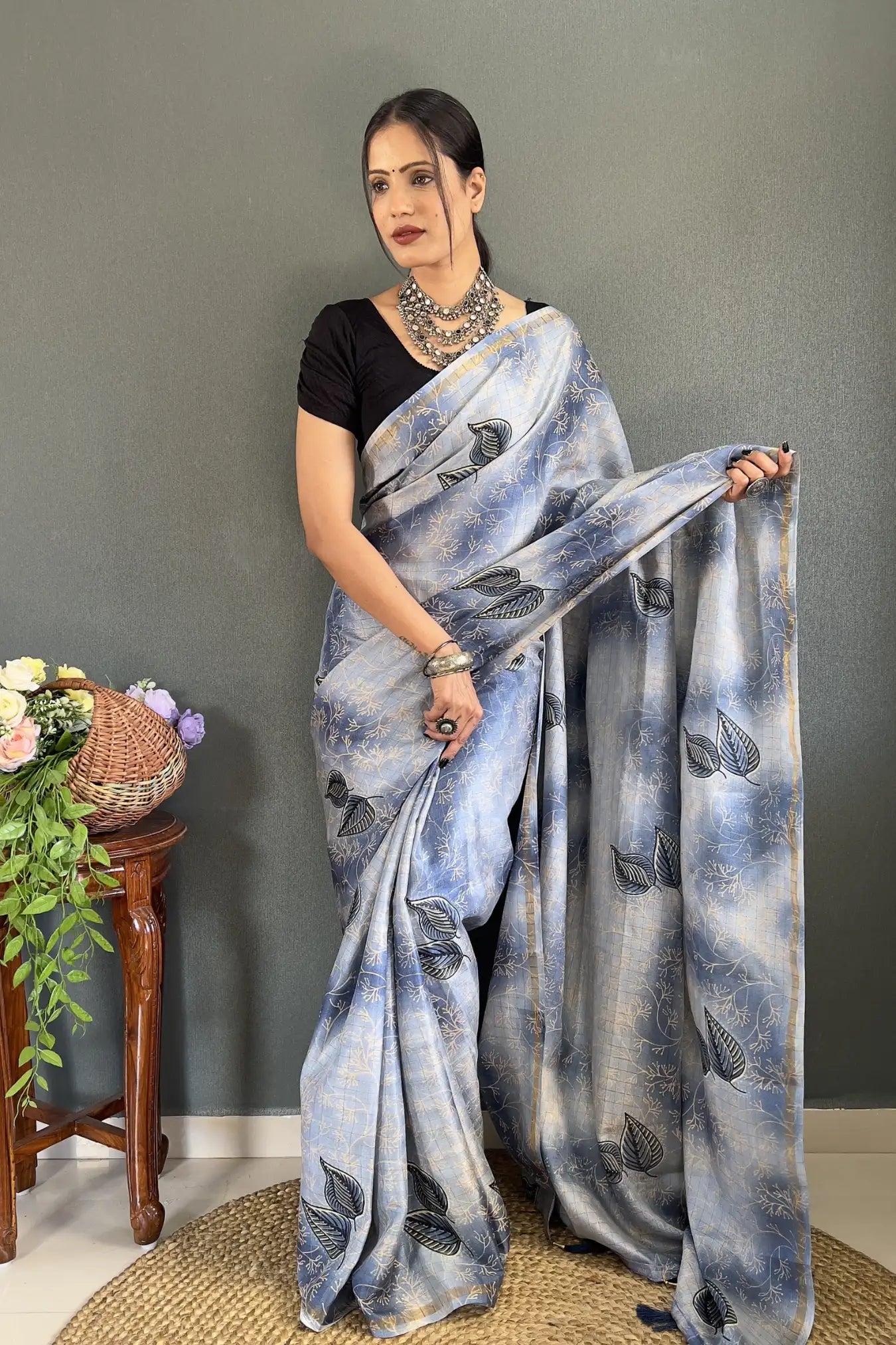 Sky Blue Colour Ready To Wear Digital Printed Silk Saree