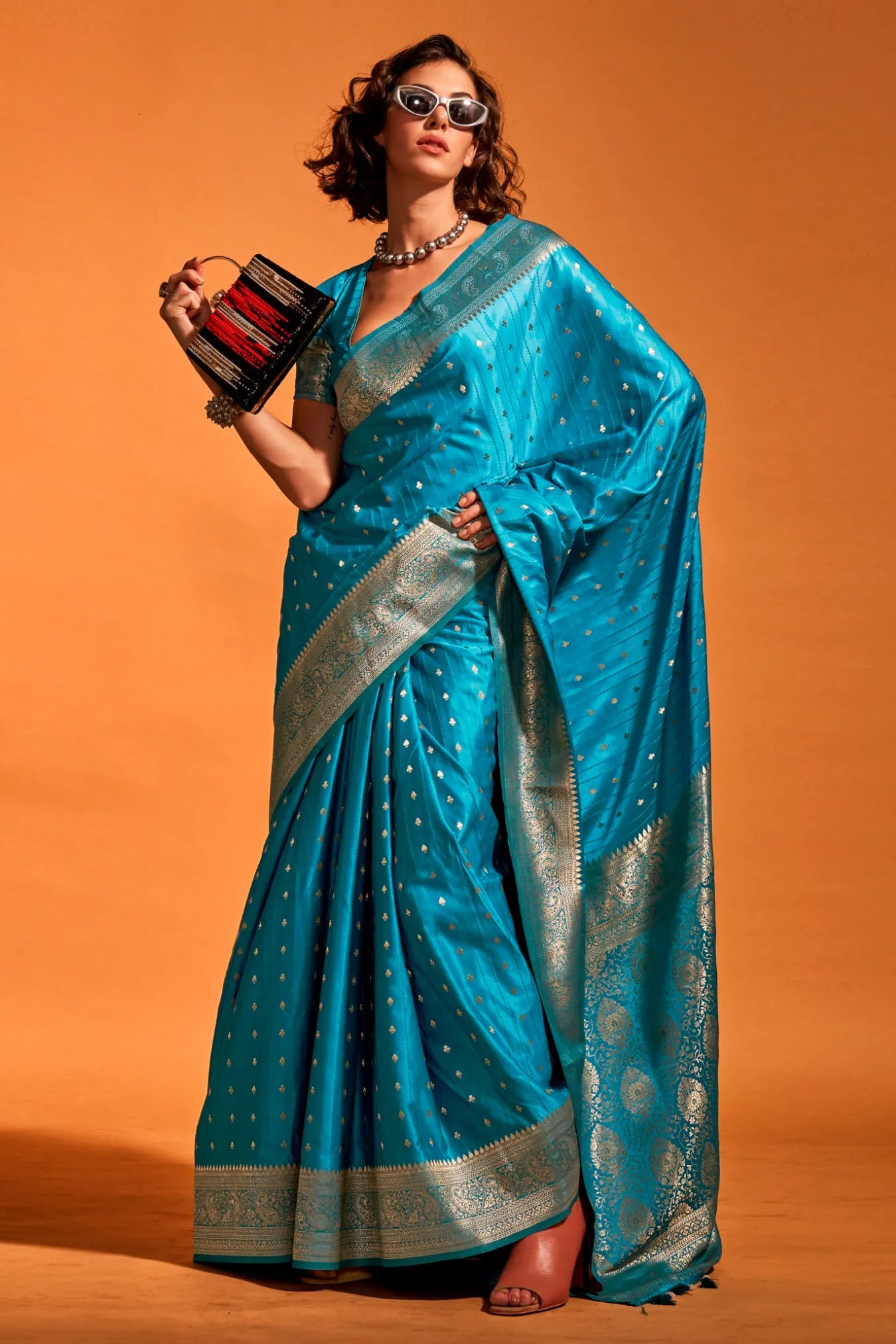 Sky Blue Colour Floral Weaving Design Satin Silk Saree