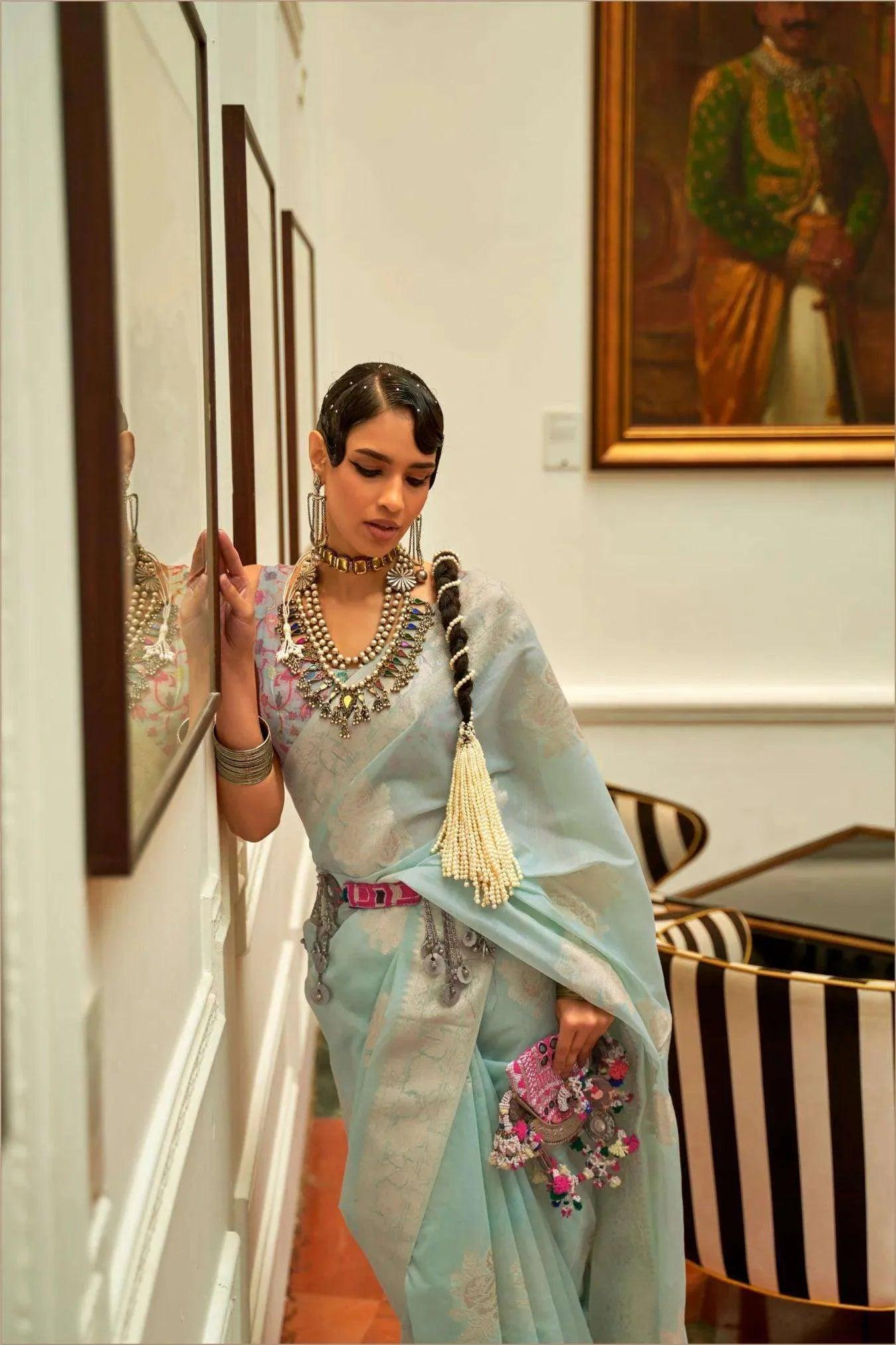 Sky Blue Colour Kashmiri Woven Handloom Silk Saree