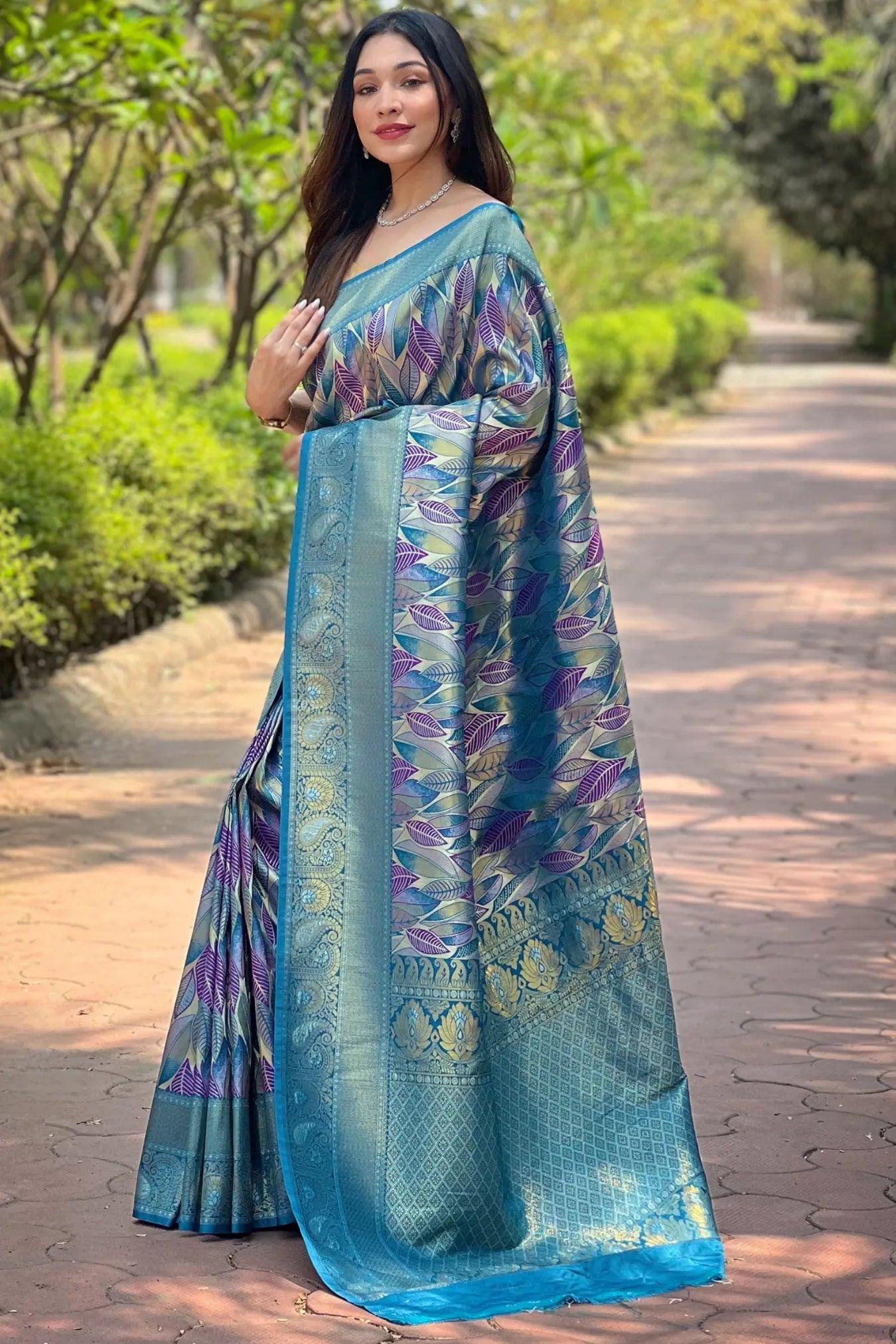 Sky Blue Colour Leaf Floral Designer Kanjivaram Silk Saree