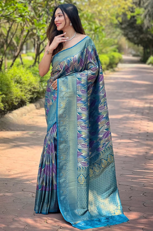 Sky Blue Colour Leaf Floral Designer Kanjivaram Silk Saree