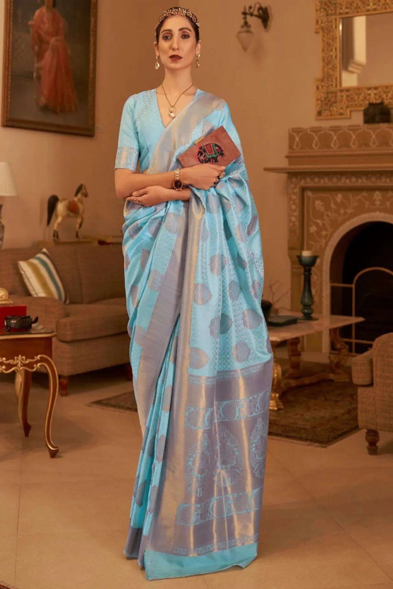 Sky Blue Colour Copper Zari Weaving Handloom Silk Saree