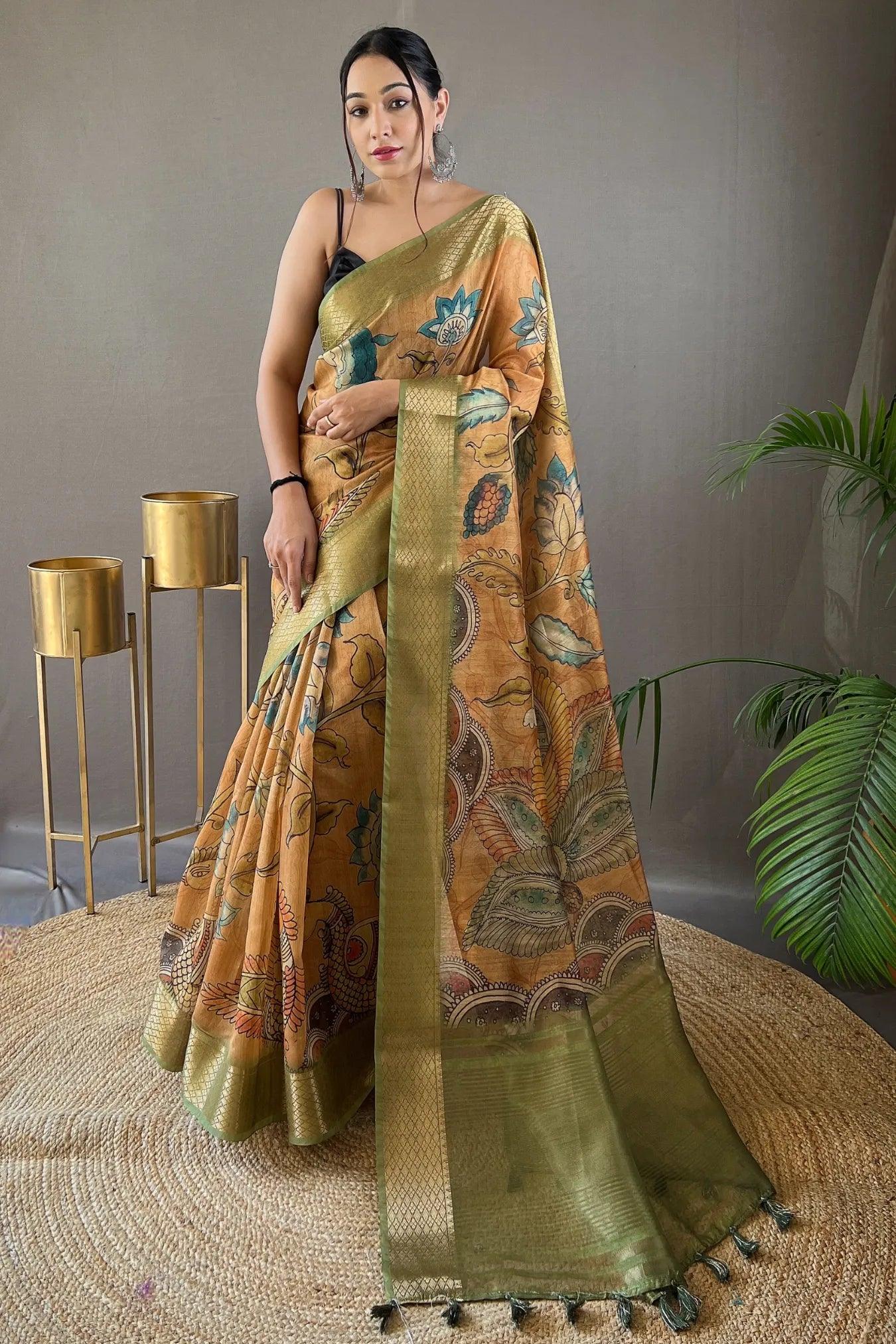 Yellow Colour Elegant Handpainted Kalamkari Silk Saree