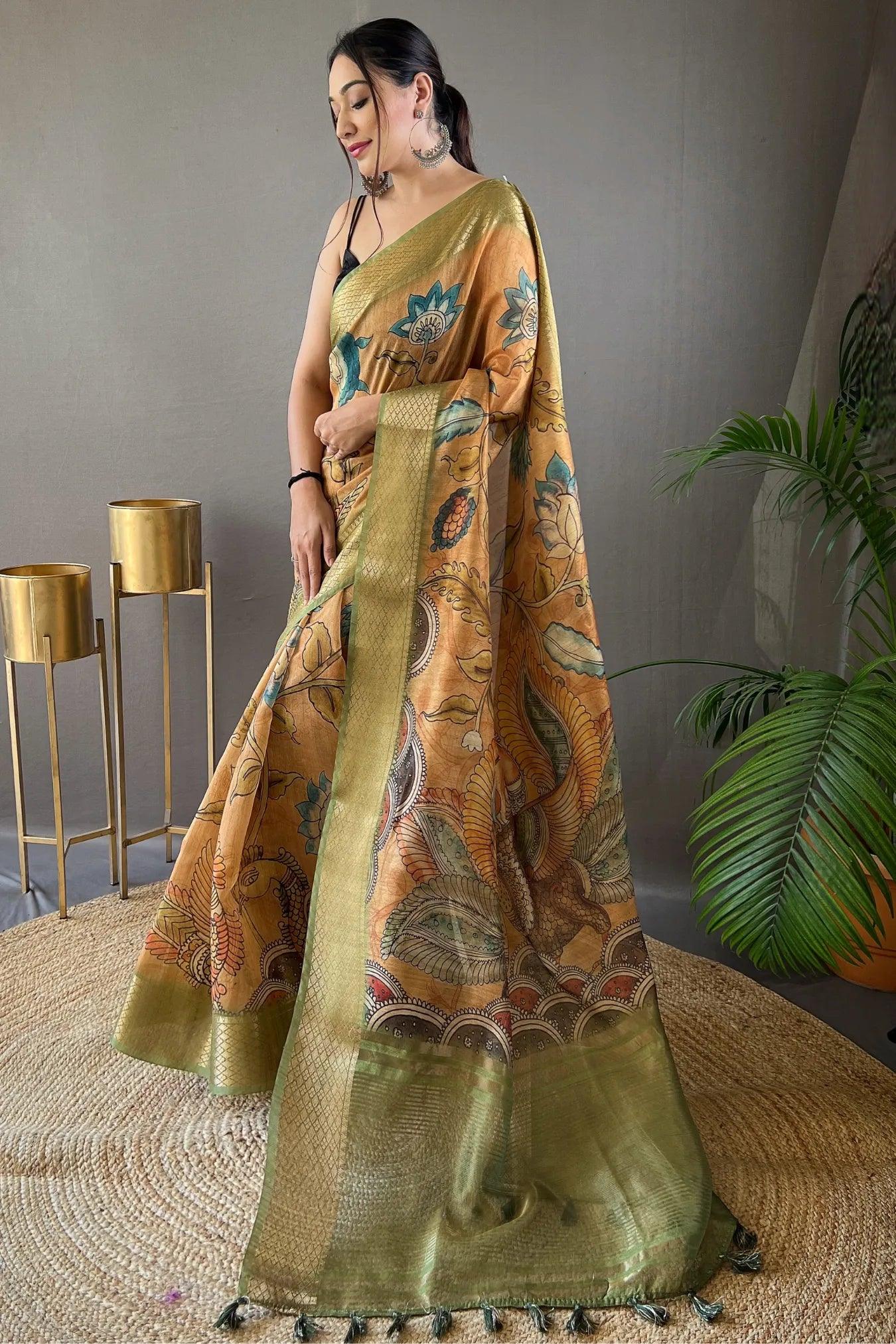 Yellow Colour Elegant Handpainted Kalamkari Silk Saree