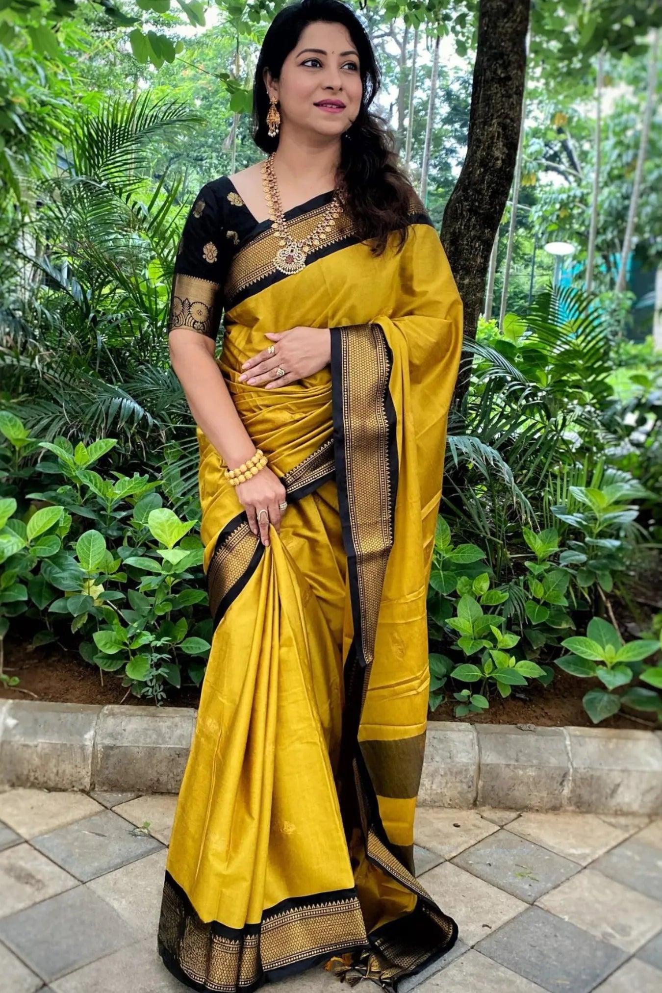 Banarasi Cotton Silk Saree with Satin Contrast Border-Yellow –  Banarasikargha