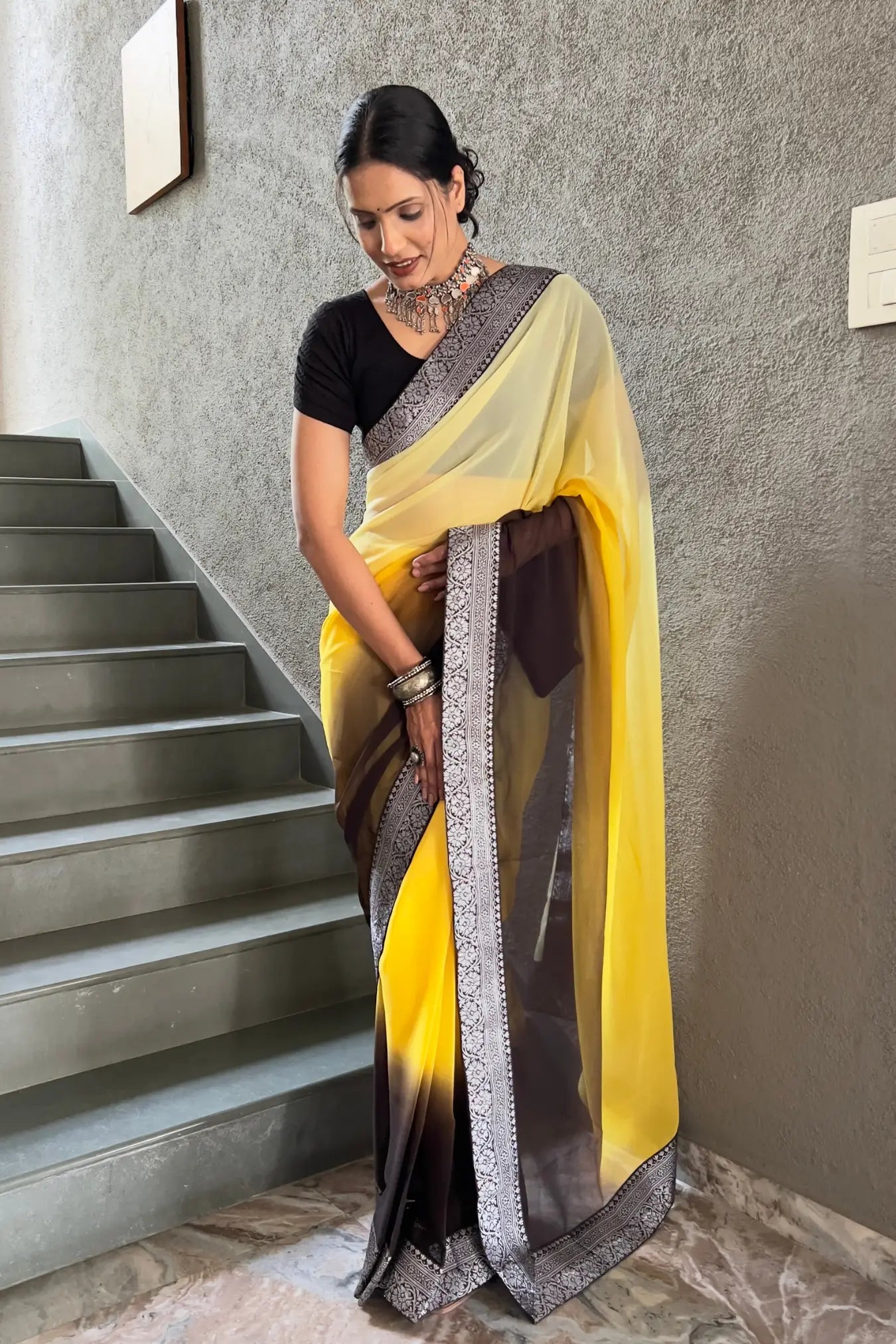 Yellow Colour Ready To Wear Georgette Silk Saree