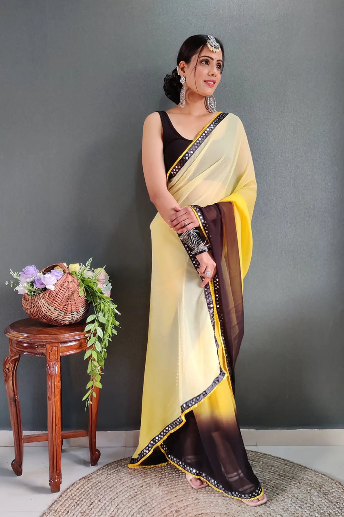 Yellow Colour Ready To Wear Silk Saree