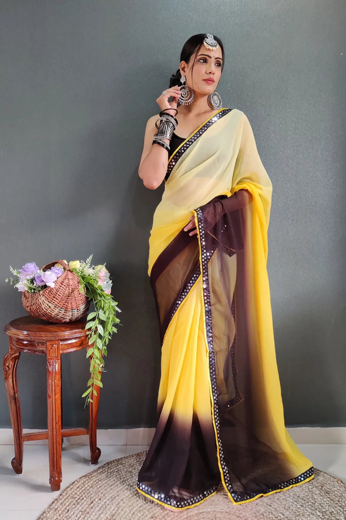 Yellow Colour Ready To Wear Silk Saree