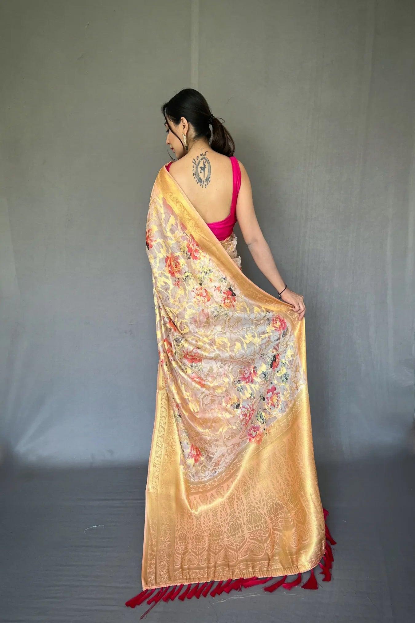 Yellow Colour Woven Digital Printed Kanjivaram Silk Saree